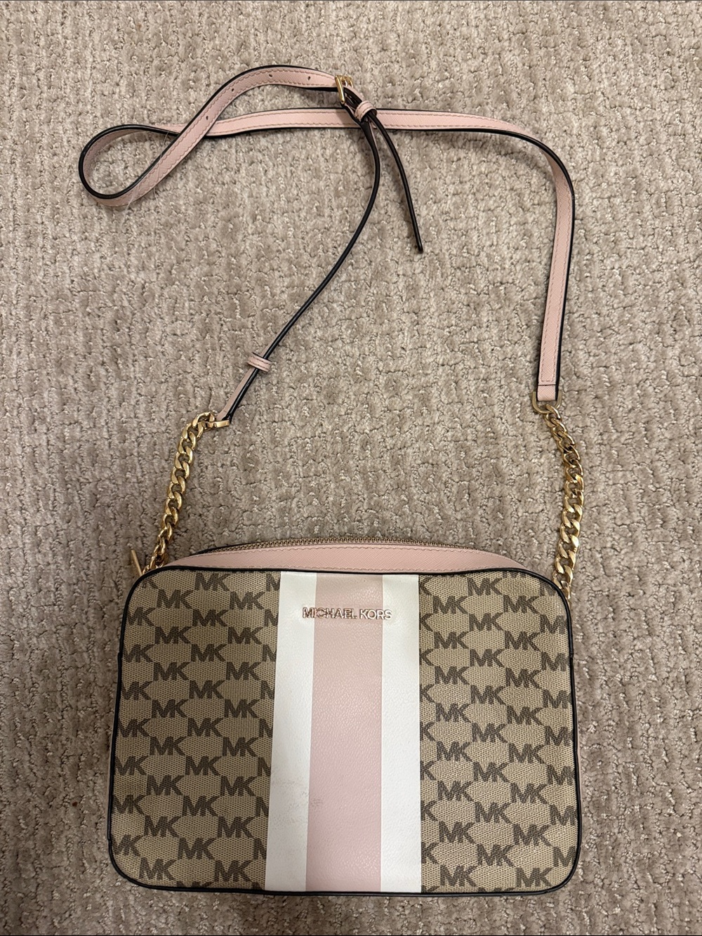 Michael Kors Brown Signature Crossbody with Pink and White Stripe